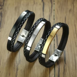 Pulseira de Couro Legítimo com Detalhes em Aço Inoxidável