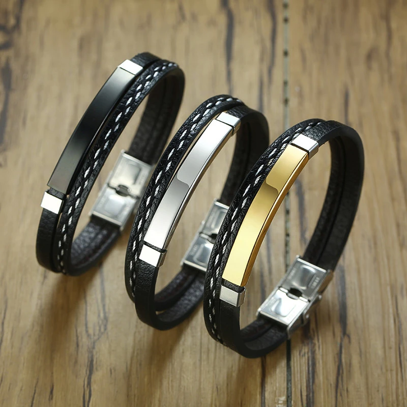 Pulseira de Couro Legítimo com Detalhes em Aço Inoxidável