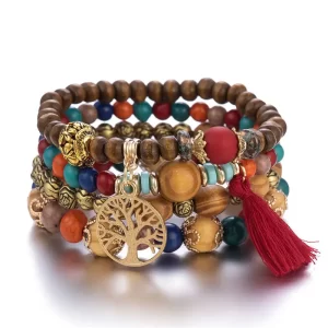 Conjunto pulseiras 4 pçs bohemia árvore da vida charme frisado