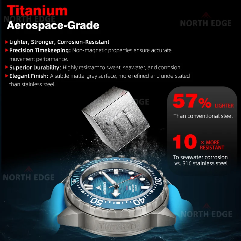 North edge 2025 novo + triton-ti titânio movido a energia solar relógio de mergulho luxo relógios de quartzo para homem 300m à prova dwaterproof água 180 + dia potência - Imagem 3