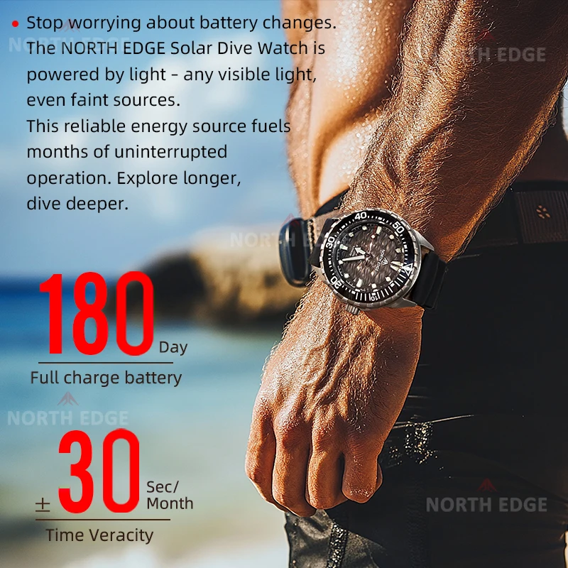 North edge 2025 novo + triton-ti titânio movido a energia solar relógio de mergulho luxo relógios de quartzo para homem 300m à prova dwaterproof água 180 + dia potência - Imagem 5